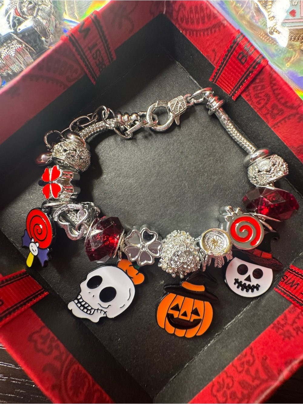 Halloween Charm Bracelet - Red & Silver Festive Jewelry